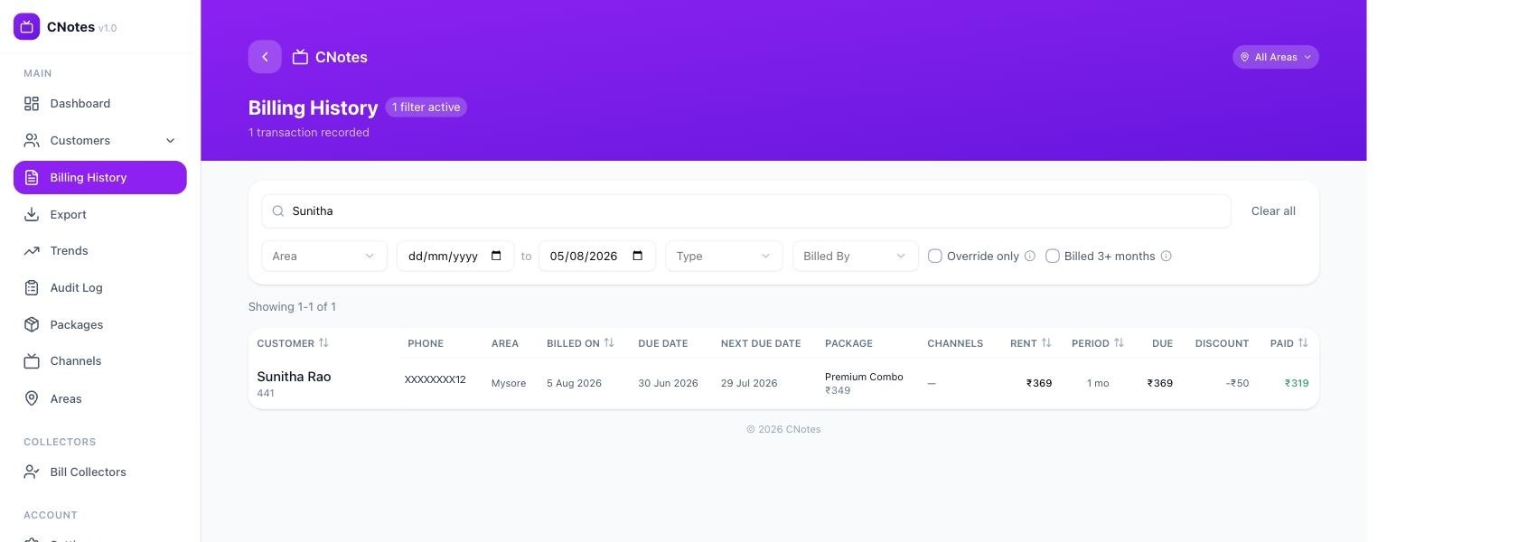 Billing history with filters