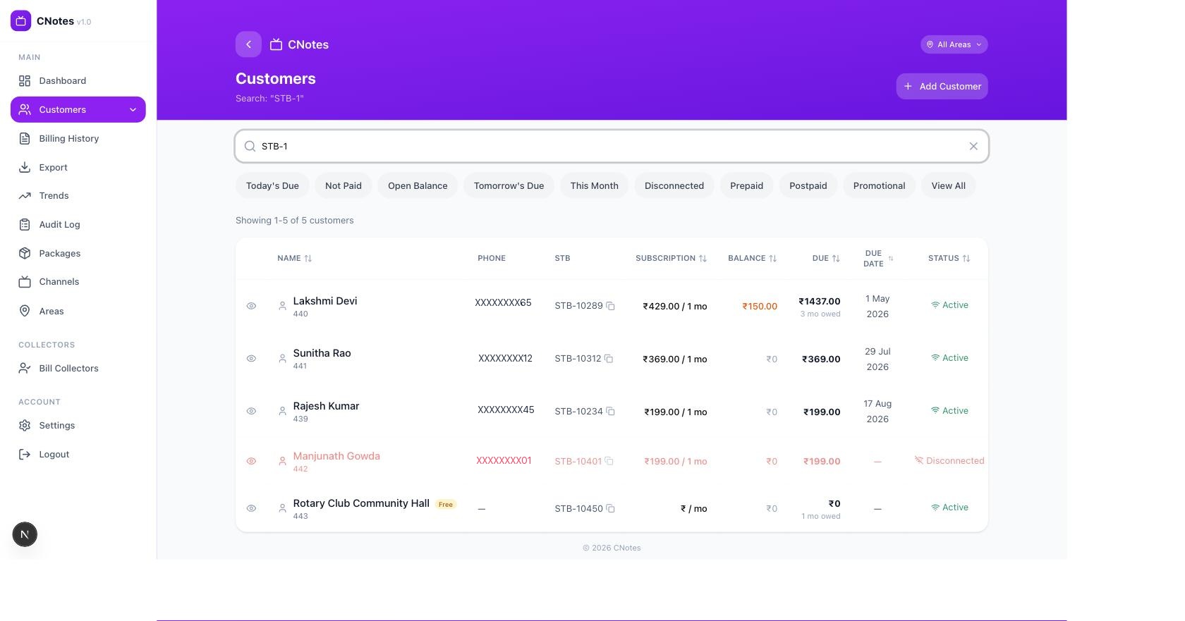 Customers list, organized by area with search and filters