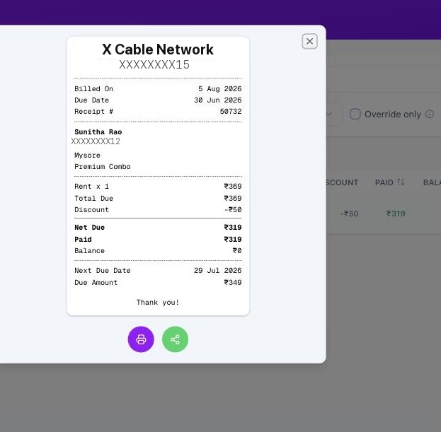 Printable receipt with WhatsApp share